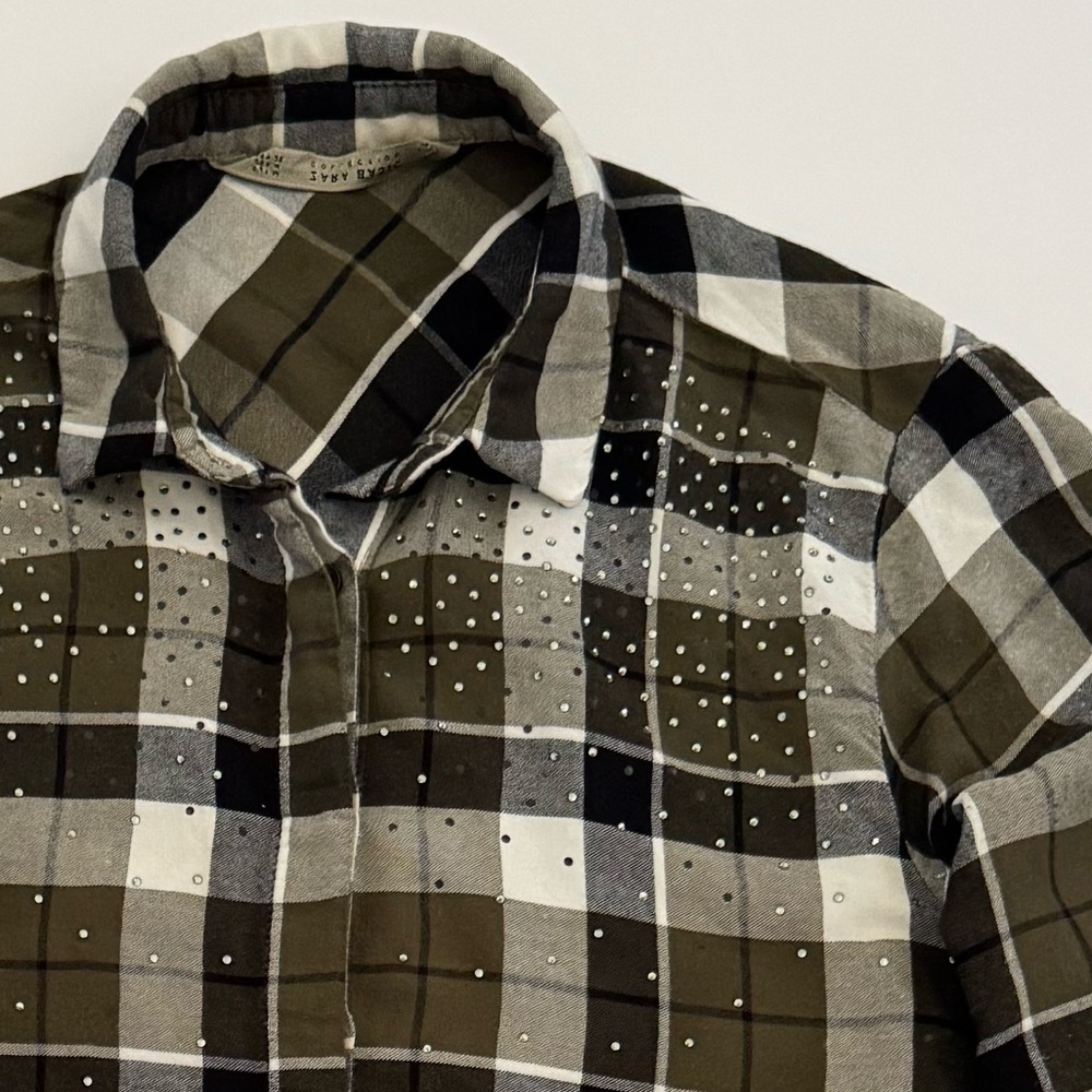 Zara Basic Plaid Button-Down Rhinestone Embellish… - image 7